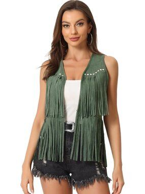 Women's Green Faux Suede Fringe Top Vest Open Front Western Tassel Cardigan